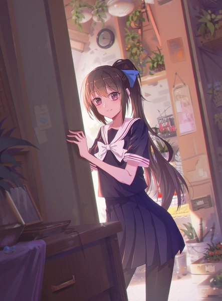 Anime picture 996x1349 with original cha (pixiv12794171) single long hair tall image looking at viewer fringe smile hair between eyes brown hair standing ponytail indoors parted lips pleated skirt pink eyes mole mole under eye peeking girl