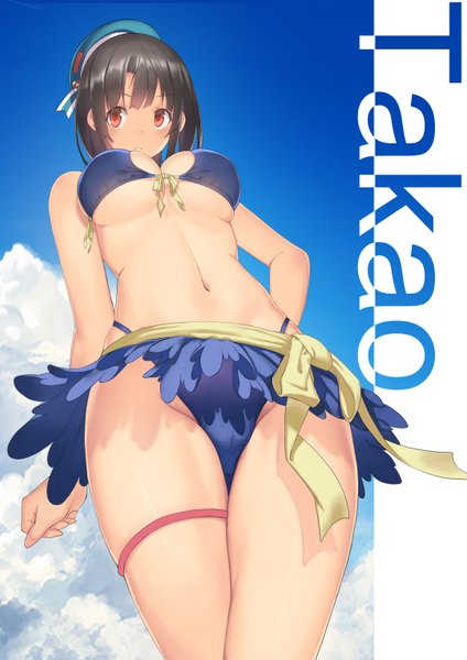 Anime picture 1080x1528 with kantai collection takao heavy cruiser madyy single tall image fringe short hair breasts light erotic black hair red eyes bare shoulders looking away bare belly from below character names underboob cameltoe girl navel