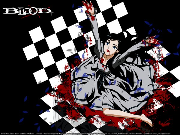 Anime picture 1600x1200 with blood+ production i.g diva (blood+) single long hair blue eyes black hair copyright name outstretched arm checkered floor girl dress blood