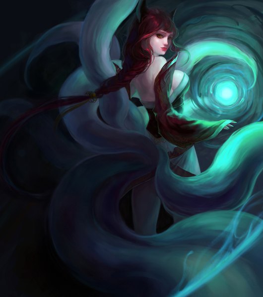 Anime picture 1396x1578 with league of legends ahri (league of legends) libera single long hair tall image looking at viewer fringe breasts standing bare shoulders yellow eyes braid (braids) fingernails lips single braid glowing dark background multiple tails animal eyes