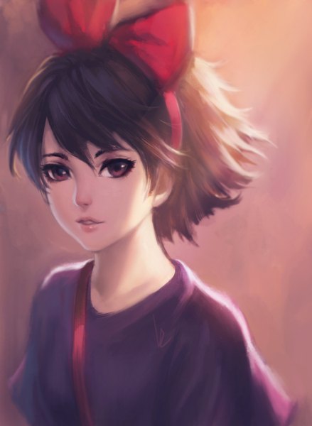 Anime picture 1097x1500 with kiki's delivery service studio ghibli kiki chaosringen nguyen uy vu single tall image looking at viewer fringe short hair simple background hair between eyes brown hair brown eyes parted lips lips portrait girl bow hair bow
