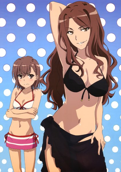 Anime picture 4086x5812 with to aru kagaku no railgun to aru majutsu no index j.c. staff misaka mikoto long hair tall image looking at viewer highres short hair breasts light erotic smile brown hair multiple girls brown eyes absurdres official art midriff girl navel