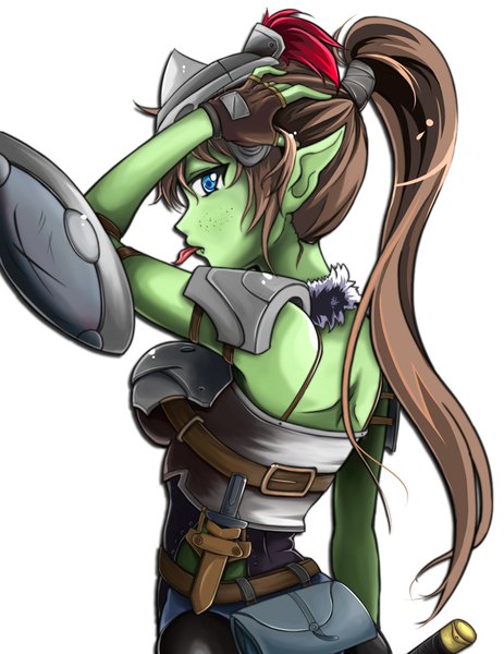 Anime picture 618x800 with goblin slayer! white fox goblin slayer kenmiko single tall image fringe blue eyes simple background hair between eyes brown hair standing white background upper body ponytail profile looking back pointy ears from behind fang (fangs)