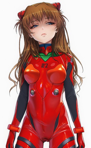 Anime picture 1183x1920 with neon genesis evangelion gainax soryu asuka langley k19 single long hair tall image blush fringe breasts blue eyes light erotic simple background brown hair standing looking away blunt bangs head tilt cameltoe girl