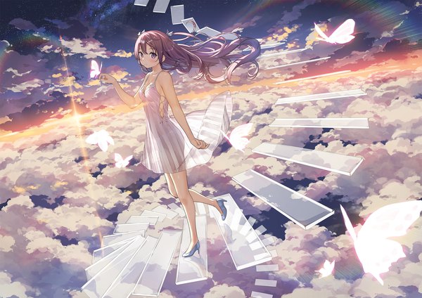 Anime picture 2200x1556 with original kantoku single long hair looking at viewer fringe highres breasts light erotic brown hair standing purple eyes bare shoulders sky cleavage cloud (clouds) parted lips arm up wind high heels