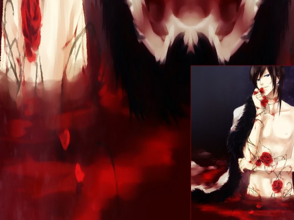 Anime picture 1280x960 with original rynnae (artist) single long hair looking at viewer blue eyes black hair smile standing light smile red background boy earrings petals rose (roses) fur blood cross mantle thorns