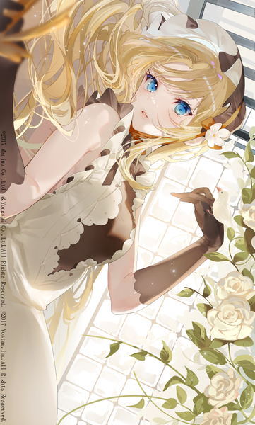 Anime picture 648x1078 with azur lane vanguard (azur lane) miwano rag single long hair tall image looking at viewer blush fringe breasts blue eyes blonde hair indoors lying parted lips official art sleeveless turning head bird on hand sideways