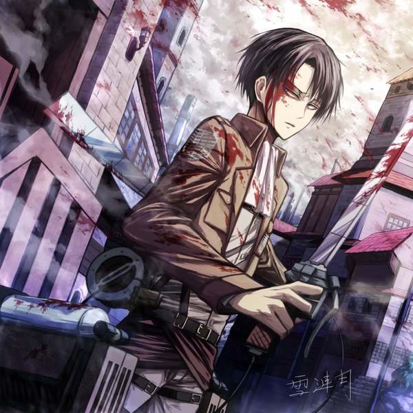 Anime picture 1000x1000 with shingeki no kyojin production i.g levi (rivaille) angel31424 single fringe black hair standing holding looking away steam serious dual wielding bloody clothes bloody weapon boy weapon belt building (buildings) blood