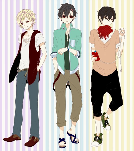 Anime picture 1590x1780 with kagerou project shaft (studio) kisaragi shintarou kano shuuya seto kousuke abararack tall image looking at viewer short hair open mouth black hair blonde hair smile red eyes standing brown eyes looking away open clothes open jacket hand in pocket