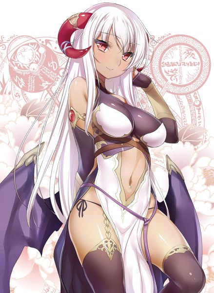 Anime picture 878x1200 with maou to an mattari yuttari seikaiseifuku original 47agdragon single long hair tall image looking at viewer blush highres breasts light erotic simple background smile large breasts white background white hair horn (horns) dark skin magic side slit