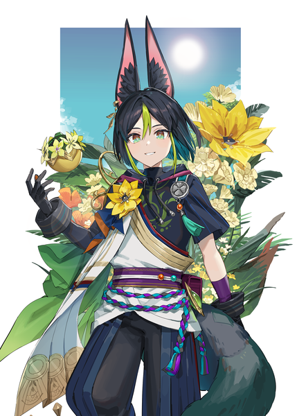 Anime picture 2000x2797 with genshin impact tighnari (genshin impact) yu-ri single tall image looking at viewer highres short hair black hair smile standing animal ears tail animal tail multicolored hair streaked hair grin border outside border multicolored eyes