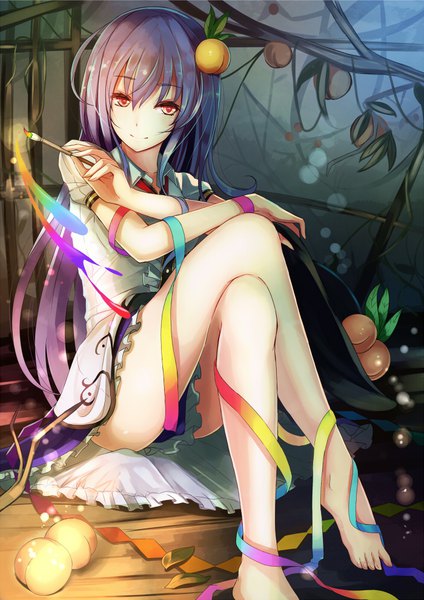 Anime picture 700x990 with touhou hinanawi tenshi nakaichi (ridil) single long hair tall image fringe short hair light erotic smile hair between eyes red eyes sitting purple hair barefoot bare legs puffy sleeves crossed legs crossed arms convenient censoring