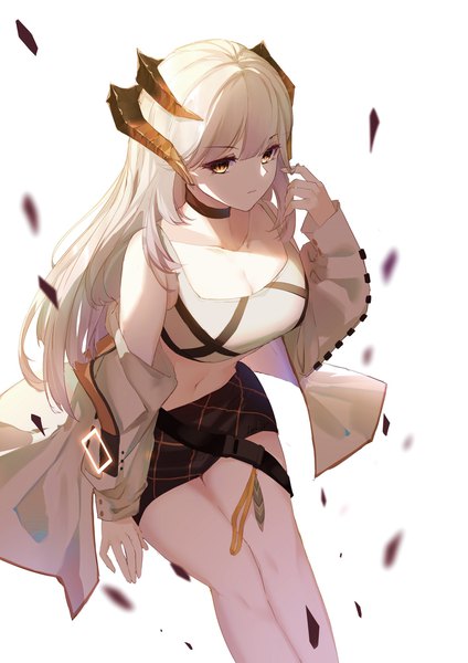 Anime picture 1413x2000 with arknights saria (arknights) leria v single long hair tall image fringe breasts simple background white background sitting bare shoulders yellow eyes looking away cleavage silver hair blunt bangs long sleeves off shoulder open jacket