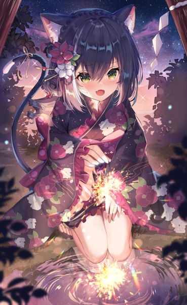 Anime picture 3401x5534 with princess connect! re:dive princess connect! karyl (princess connect!) shanguier single long hair tall image blush fringe highres open mouth black hair smile hair between eyes holding green eyes animal ears payot absurdres bent knee (knees)