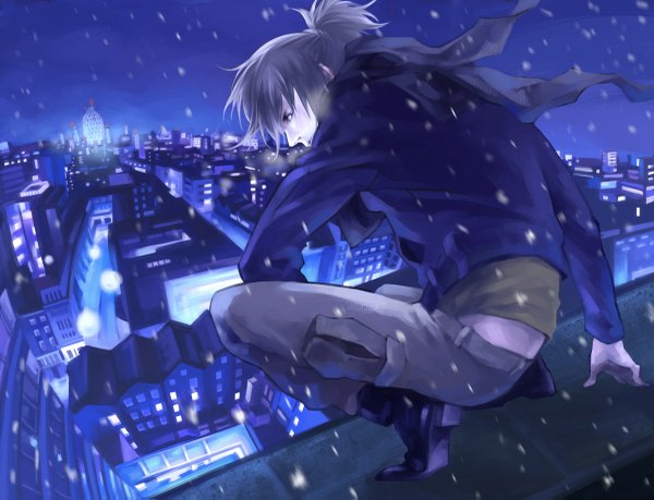 Anime picture 1200x919 with no.6 studio bones nezumi (no.6) sodawhite purple hair from behind back city snowing winter squat cityscape pale skin city lights boy jacket scarf pants