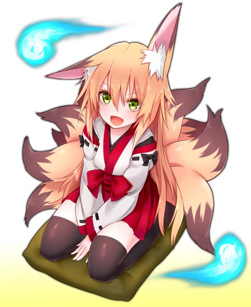 Anime picture 2507x3070 with original suke tall image looking at viewer blush fringe highres open mouth simple background blonde hair hair between eyes white background sitting green eyes traditional clothes :d japanese clothes fang (fangs) kneeling crossed arms