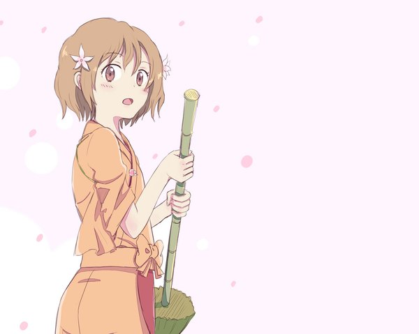 Anime picture 1024x819 with hanasaku iroha p.a. works matsumae ohana single blush short hair open mouth simple background brown hair brown eyes traditional clothes girl petals broom