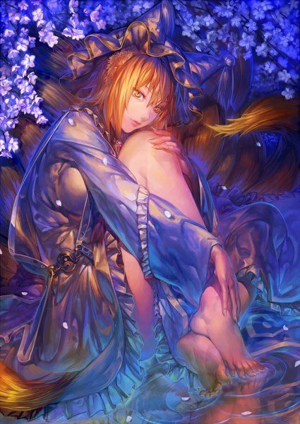 Anime picture 644x910 with touhou yakumo ran ant of spirit single tall image fringe short hair breasts blonde hair sitting animal ears yellow eyes tail animal tail barefoot lips wide sleeves bare legs legs fox ears