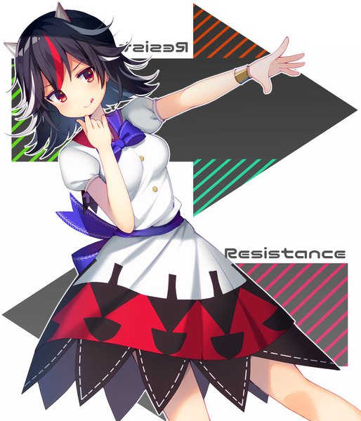 Anime picture 934x1090 with touhou kijin seija koto seori single tall image blush fringe short hair black hair red eyes looking away multicolored hair horn (horns) inscription puffy sleeves streaked hair outstretched arm :q girl dress