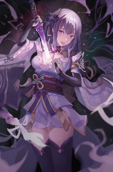 Anime-Bild 2309x3508 mit genshin impact raiden shogun cxxxl single long hair tall image looking at viewer fringe highres open mouth light erotic hair between eyes purple eyes purple hair traditional clothes japanese clothes girl thighhighs weapon sword