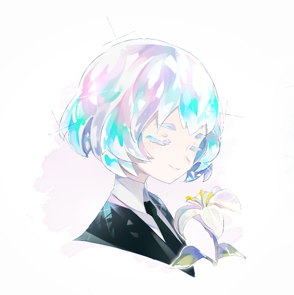 イラスト 900x902 と 宝石の国 ダイヤモンド(宝石の国) 隊長/yue ソロ 長身像 短い髪 simple background 白背景 銀髪 eyes closed light smile sparkle portrait androgynous 花