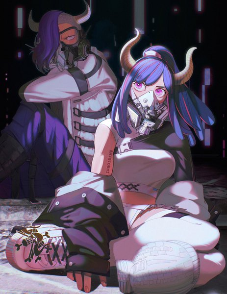 Anime picture 1582x2048 with one piece toei animation ulti (one piece) page one (one piece) mygiorni long hair tall image fringe short hair breasts sitting purple eyes signed blue hair looking away ponytail long sleeves multicolored hair horn (horns) hair over one eye