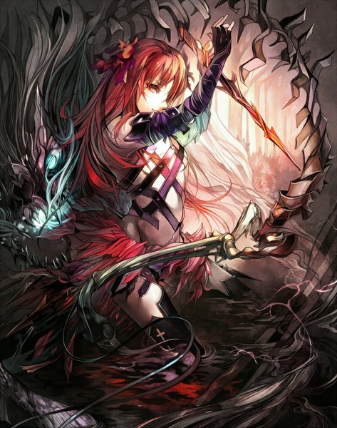 Anime picture 857x1087 with lord of vermilion cybele fumoe long hair tall image looking at viewer red hair arms up orange eyes kneeling skeleton girl skirt gloves hair ornament water elbow gloves thigh boots monster cane