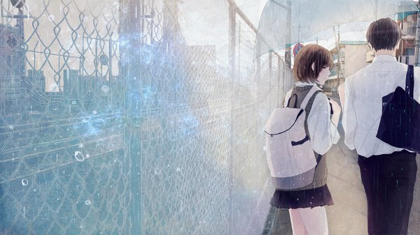 Anime picture 1280x720 with original penchop looking at viewer fringe short hair black hair brown hair wide image holding brown eyes outdoors pleated skirt from behind back rain street transparent umbrella shared umbrella girl boy