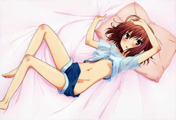 Anime picture 5977x4084 with papa no iu koto wo kikinasai! nyantype takanashi sora blush highres short hair open mouth light erotic red eyes brown hair absurdres lying official art legs girl navel shorts pillow