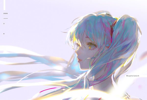 Anime picture 1107x755 with vocaloid hatsune miku say hana single long hair fringe simple background hair between eyes twintails signed blue hair looking away profile wind orange eyes twitter username dated purple background 39 girl