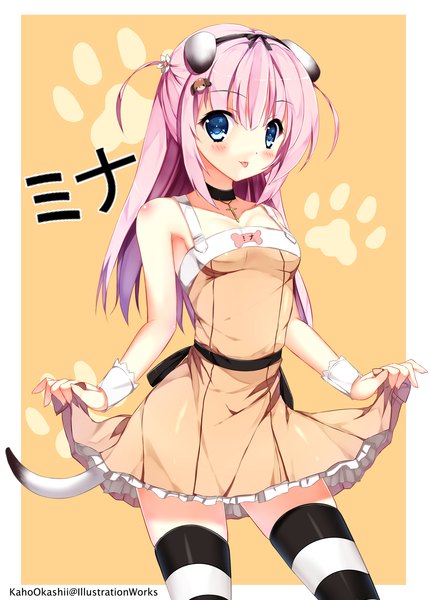 Anime picture 1000x1399 with original kaho okashii single long hair tall image looking at viewer blush blue eyes animal ears pink hair tail animal tail :p girl thighhighs dress hair ornament tongue striped thighhighs