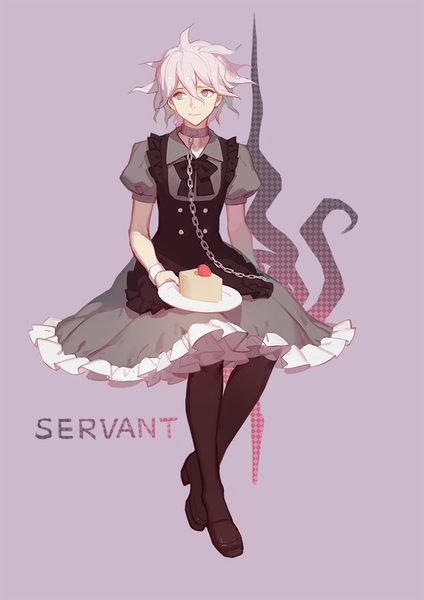 Anime picture 707x1000 with dangan ronpa super dangan ronpa 2 komaeda nagito ask (askzy) single tall image short hair sitting looking away full body white hair puffy sleeves otoko no ko messy hair thighhighs dress boy black thighhighs sweets chain