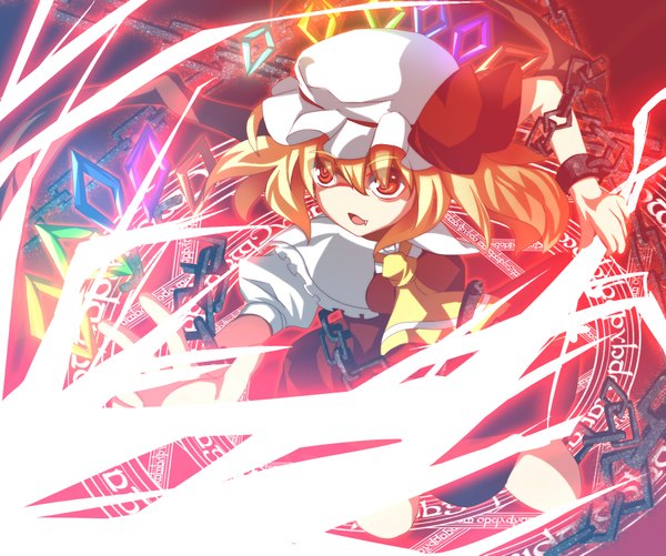 Anime picture 1804x1509 with touhou flandre scarlet zamudelin single highres short hair open mouth blonde hair red eyes magic girl dress weapon chain bonnet magic circle laevatein (touhou)
