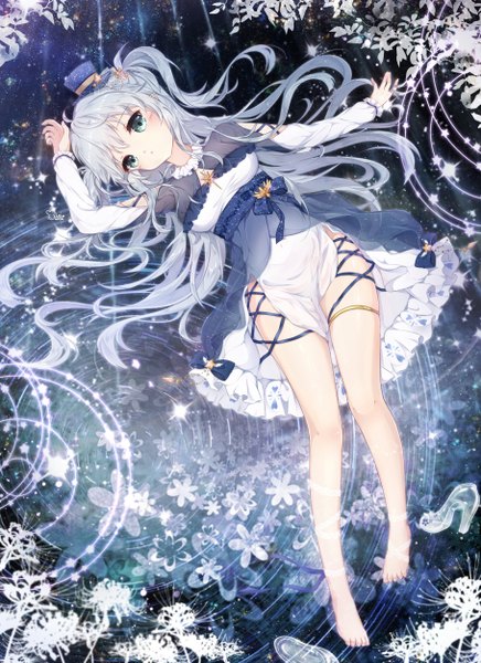 Anime picture 1820x2500 with sword girls mini single long hair tall image looking at viewer blush highres blue eyes twintails silver hair full body lying long sleeves head tilt barefoot night bare legs sparkle on back