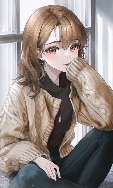 Anime picture 3000x5000 with original bbeedol single long hair tall image looking at viewer blush fringe highres open mouth hair between eyes brown hair sitting brown eyes indoors long sleeves mole open clothes sparkle mole under eye