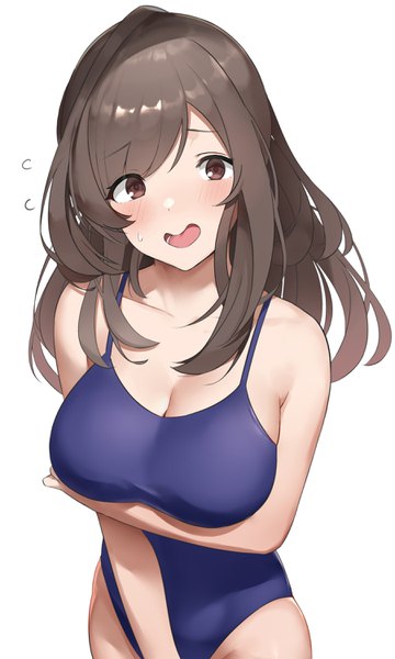 Anime picture 1800x3000 with idolmaster idolmaster shiny colors tsukioka kogane nnoelllll single long hair tall image looking at viewer blush fringe highres breasts open mouth light erotic simple background brown hair large breasts standing white background bare shoulders