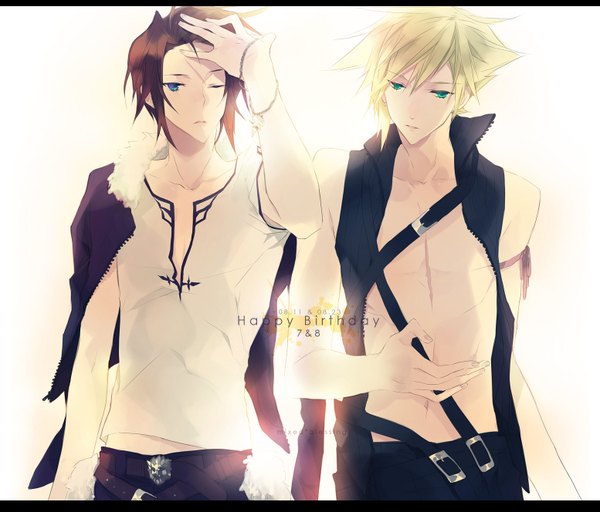 Anime picture 1554x1328 with final fantasy final fantasy vii final fantasy viii square enix cloud strife squall leonhart o*mix short hair blue eyes blonde hair brown hair bare shoulders green eyes one eye closed wink open clothes clothes on shoulders boy belt pendant