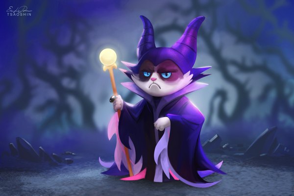 Anime picture 1200x800 with sleeping beauty disney grumpy cat maleficent tsaoshin looking at viewer blue eyes standing holding signed horn (horns) frown parody humor animal cat cloak ring staff crystal