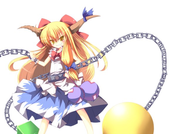 Anime picture 1200x916 with touhou ibuki suika cicin (artist) single long hair blush simple background blonde hair white background yellow eyes horn (horns) girl bow hair bow chain shackles