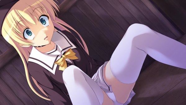 Anime picture 1280x720 with secret game coderevise (game) long hair light erotic blonde hair wide image green eyes game cg tears pantyshot sitting girl thighhighs underwear panties white thighhighs