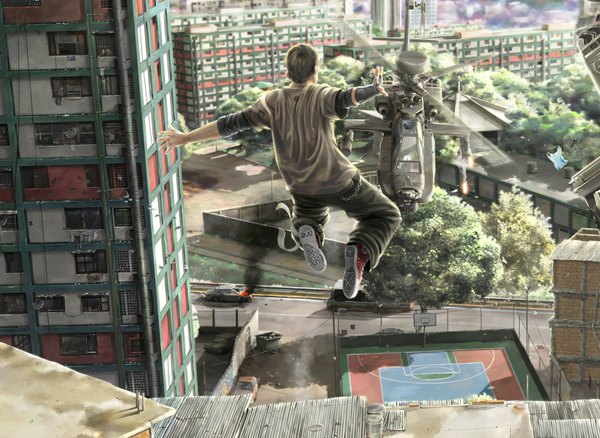 Anime picture 1630x1190 with raynnergil from behind back city spread arms smoke jumping boy plant (plants) tree (trees) building (buildings) ground vehicle car helicopter