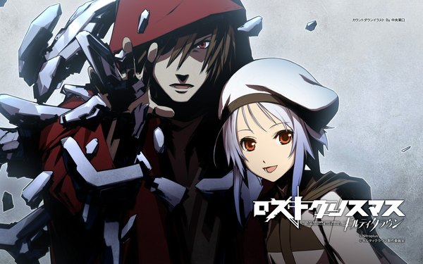 Anime picture 1920x1200 with guilty crown guilty crown lost christmas production i.g carol (guilty crown) scrooge (guilty crown) chuuou higashiguchi highres short hair open mouth black hair red eyes wide image blue hair girl boy hood cloak beret