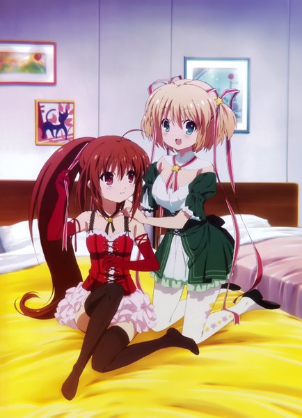 Anime picture 4695x6482 with little busters! key (studio) natsume rin kamikita komari tall image blush highres short hair open mouth blue eyes blonde hair red eyes brown hair multiple girls absurdres official art two side up girl thighhighs dress