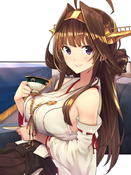 Anime picture 2400x3200 with kantai collection kongou battleship baffu single long hair tall image looking at viewer blush fringe highres breasts smile brown hair large breasts sitting purple eyes bare shoulders holding payot ahoge