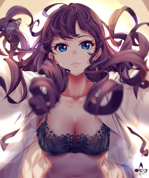 Anime picture 1200x1433 with idolmaster idolmaster cinderella girls ichinose shiki infinote single long hair tall image looking at viewer blush fringe breasts light erotic large breasts signed payot cleavage purple hair upper body ahoge long sleeves