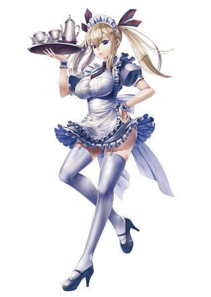 Anime picture 1491x2100 with kantai collection graf zeppelin (kantai collection) kazuki seihou single long hair tall image looking at viewer fringe breasts blue eyes light erotic blonde hair simple background hair between eyes large breasts standing white background twintails holding payot