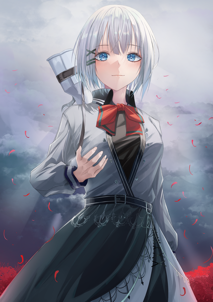 Anime picture 2480x3508 with tantei wa mou shindeiru siesta (tantei wa mou shindeiru) turbulence single tall image looking at viewer blush fringe highres short hair blue eyes standing sky silver hair cloud (clouds) outdoors blunt bangs girl hair ornament flower (flowers)