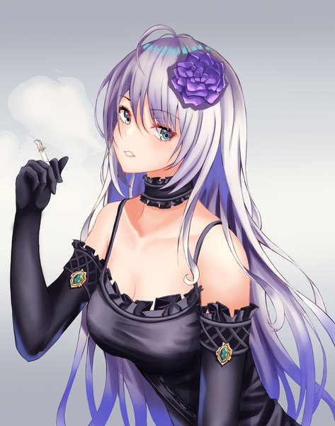 Anime picture 1500x1900 with original cup6542 single long hair tall image looking at viewer blush fringe breasts simple background hair between eyes standing holding payot cleavage silver hair ahoge parted lips hair flower grey background