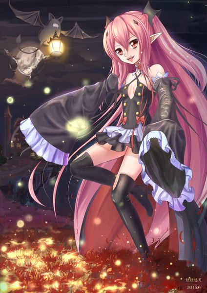 Anime picture 1240x1754 with owari no seraph wit studio kururu tepes arukanu huanghyy long hair tall image looking at viewer fringe breasts open mouth smile hair between eyes red eyes standing twintails bare shoulders holding pink hair bent knee (knees)