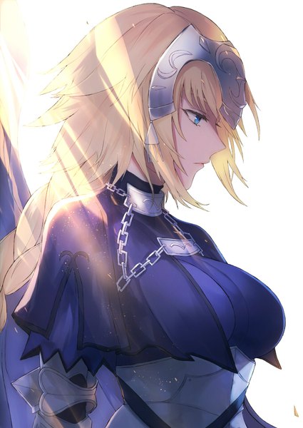 Anime picture 678x958 with fate (series) fate/apocrypha jeanne d'arc (fate) (all) jeanne d'arc (fate) kachi single long hair tall image breasts blue eyes blonde hair simple background white background upper body braid (braids) profile single braid girl armor mantle